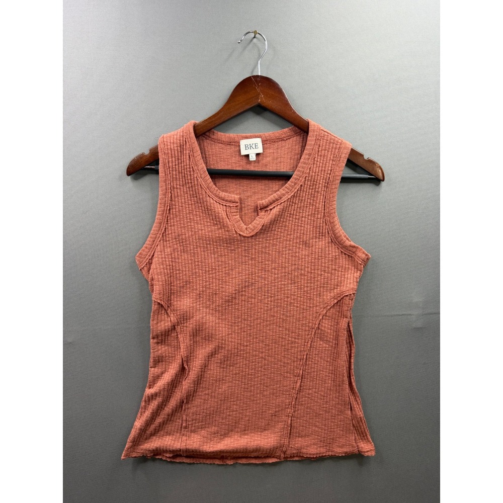 BKE Ribbed Tank Top Womens Rust Orange Notch Neck Seam Detail Large